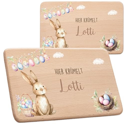 KIDSMOOD - Oster-Frühstücksbrettchen mit Namen | Schneidebrett Holz mit Osterhase-Motiv – Personalisierte Oster-Geschenke für Kinder | Holzbrettchen für Osterdeko & Osterfrühstück [22x14 cm]