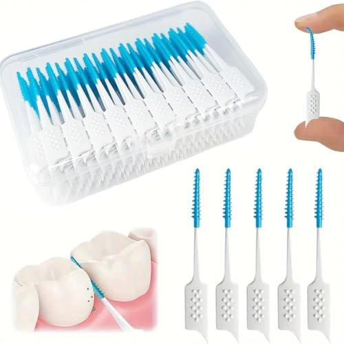 FiTspi 200 cepillos interdentales, palillos de hilo dental de doble cabeza, palillos dentales entre dientes, púas de silicona para limpieza oral (azul, talla única)