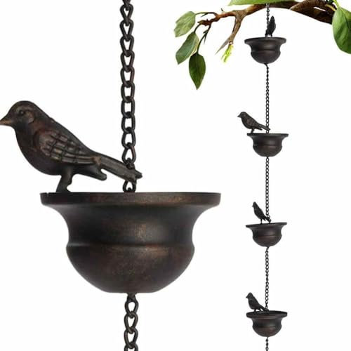 Rain Chains, Metal Bird Rain Chain for Gutters, Birds on Cups Rain Chain for Outside, Vintage Bird Rain Chain Drain Gutters, Rain Chains for Gutters Downspouts