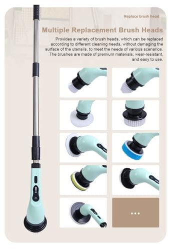 Juroupi Cordless Electric Cleaning Machine Rechargeable Automatic Kitchen Dishwashing Brush Bathtub Tile Professional Cleaning Tool with Telescopic Rod (green cleaning brush with 6pcs brushes)