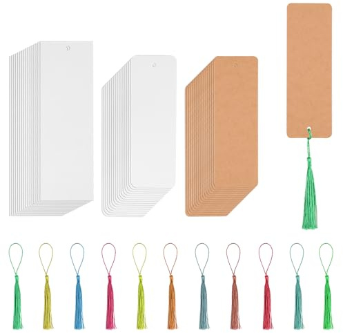 60 Pcs Blank Bookmarks Set, Make Your Own Bookmarks, White & Flax Yellow Paper Bookmark Making Kit, Book Page Markers for Book Lovers Reading DIY Crafts Gift Supplies, with 60 Colorful Tassels