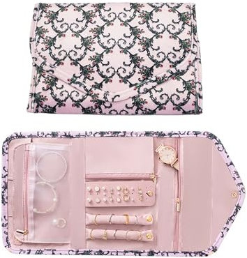 TUKEVA Borsa a Rullo per Organizer per Gioielli Organizer per Gioielli da Viaggio Pieghevole Rotolo Pieghevole per Gioielliere Portatile,per Più Collane, Braccialetti Anelli,Orecchini (motivo rosa, L)