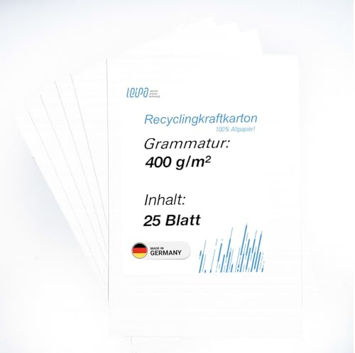 LEIPA Recyclingkraftkarton 25 Blatt A2/A3/A4 Recyclingkraftkarton WEISS Buchbinderpappe 400 g/m² für Bastelarbeiten Kalendergestaltung Bastelkartons (graue Rückseite) (A4)