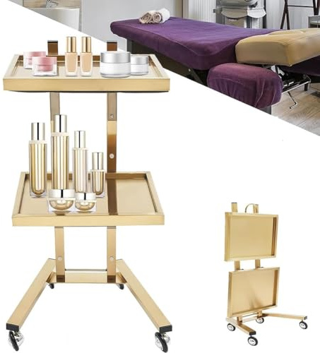 MegLob 2-Stufiger Salonwagen, Edelstahl-Salonwagen, Faltbarer Mobiler Kosmetikwagen, Professioneller Salonarbeitsplatz, Tragbarer Friseurwagen Mit Rädern,Gold