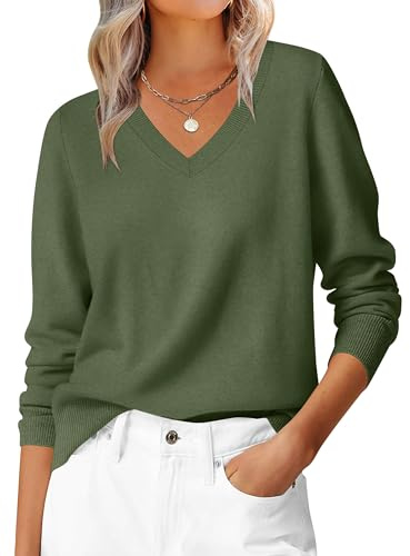 HOTOUCH Femme Pull en Maille Col V Manches Longues Léger Pullover Classique Décontracté Élégant Tricot Pull Top UK, Vert, XXL