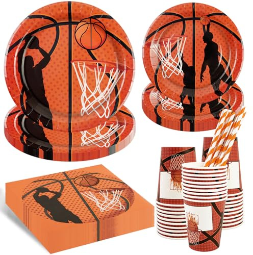 Set di stoviglie per feste di basket, 50 pezzi, decorazione per compleanno, per bambini, colore arancione, 9 pollici e 7 pollici, per gli amanti del compleanno dei bambini, 10 persone