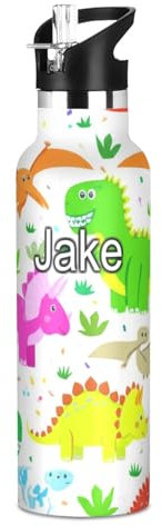 Botella de agua con nombre personalizado para niños, botella de agua de acero inoxidable para viajes o escuela, 20 onzas, sin BPA, lindos dinosaurios coloridos, color blanco