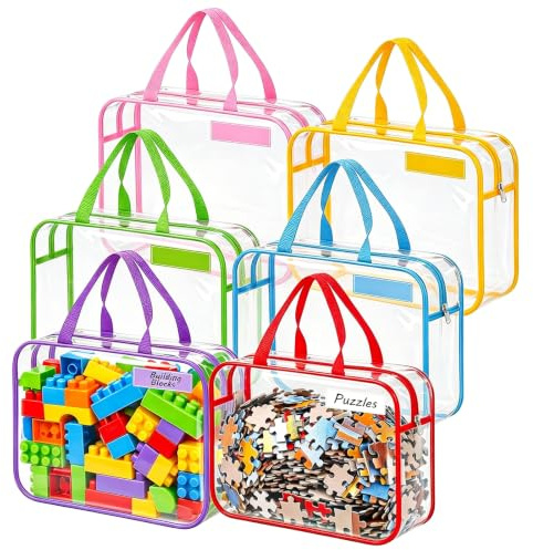 6 Pack Clear Toy Storage Bags with Handles Name Tag zip PVC Waterproof 11.8x8.6x3.9 Inch Organizer Bags for Building Blocks Puzzles Board Games Toy Organiser Bags for Toys (6 Colors)