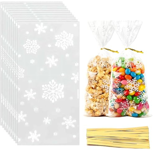 ZHOUHON 100 Stück Weihnachtstüte Süßigkeiten - Durchsichtige Cellophantüten Plätzchentüten Kekstüten mit 100 Twist Krawatten, Verpackungstütchen für Kekse Bonbons, Weihnachten Party Deko Zubehör