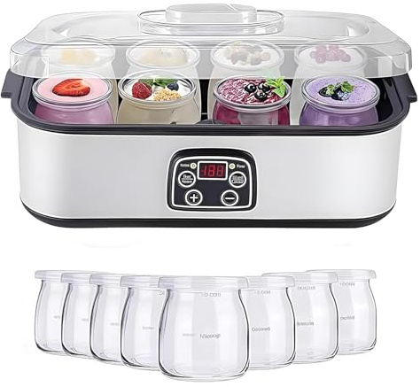 Yogurtiera da 1400 Ml, 8 Barattoli di Vetro, Controllo della Temperatura E del Tempo Regolabili, Risparmio Energetico da 25 W, Incubatrice per Yogurt Domestica