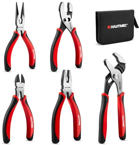 HAUTMEC 5-Piece Pliers Set with Bi-Material, Including 6 Slip-joint, Long Nose, Diagonal Cutters, 7 Linesman Plier, 8 Groove Joint Pliers, for Home Maintenance, Basic Repair & DIY, HTPTM25035-UK-N3