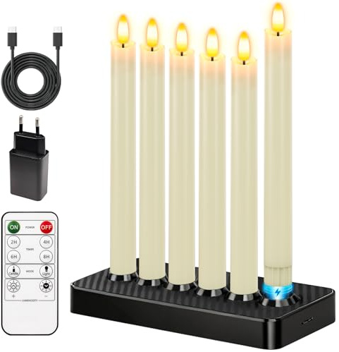 idyl light LED Stabkerzen 6 Stück aufladbar mit Ladebasis | Mit Fernbedienung & Timer, 3D flackernde Flamme, flammlos für Weihnachten Hochzeit Party Deko