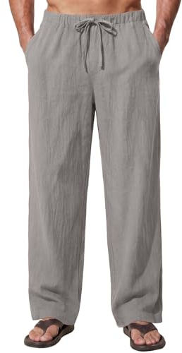 Enlision Pantaloni Uomo Lino Cotone Grigio Estivi Casual Leggeri Pantaloni da Uomo Elastico Vita Coulisse Larghi con Tasche, L