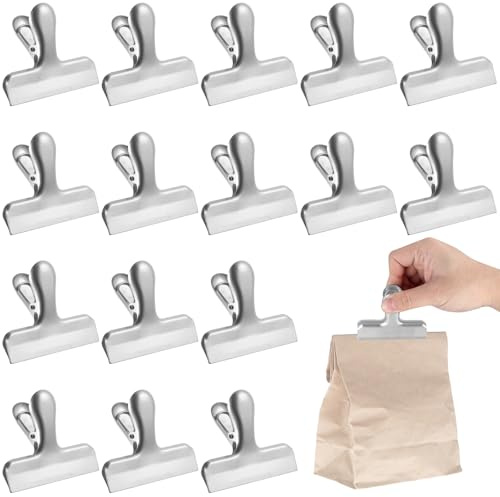 16 Pcs Food Clips Bag Sealing Clips, Stainless Steel Freezer Bag Clipsset, 3 inch Metal Food Pegs Clipsset for Home Kitchen Office Photo Bread Bags