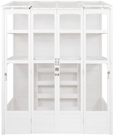 Serre de Jardin Adossée 2 m x 1,55 m en Bois Blanc Style Classique Haut Mur Peinture Imperméable Accessible Adossé 2 Portes Battantes Toit Ventilation Automatique Porte à Loquets [Jardinière INCLUS]