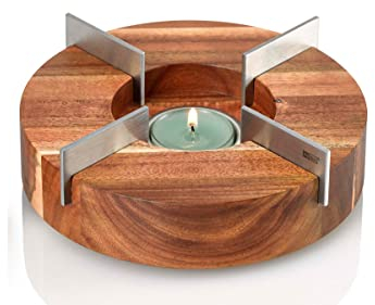 AdHoc Tuto Teapot and Food Warmer, Candle/Tealight Warmer Stand For Teapots/Pots/Bowls, Great for Buffets and Parties, Stainless Steel/Acacia Wood, (H)50mm x (D)160mm