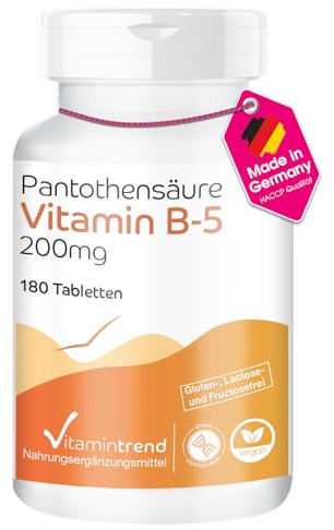 Vitamintrend Pantothensäure Vitamin B5 200mg Tagesbedarf, 180 Tabletten, schluckfreundlich, hochdosiert, Nahrungsergänzungsmittel vegan ohne Magnesiumstearat, in Deutschland hergestellt