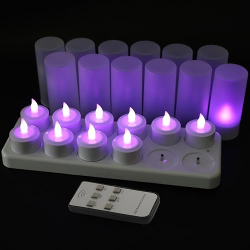 EuroFone Flameless LED Teelicht Kerze wiederaufladbare LED Kerzen mit Cup 12pcs (Purple with remote)