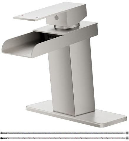 BATHLAVISH Waterfall Bathroom Faucet, Brushed Nickel Modern Single Handle Bathroom Faucets for 1 or 3 Hole Bathroom Sink Faucet Washbasin Faucet Mixer Tap with Deck and Pop-up Drain