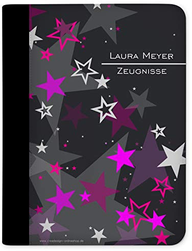CreaDesign Customize A4 Zeugnismappe für Kinder - 26.7 x 32.7 x 1 cm, erweiterbar auf bis zu 20 Fächer, Sichtbuch ohne Klarsichthüllen, Rosa Sterne Design, Dokumentenmappe für Schüler