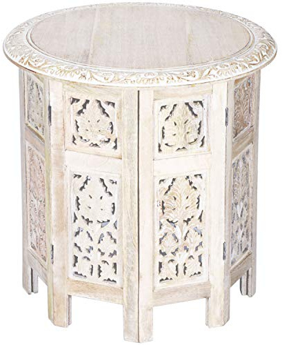 Marrakesch Mesa marroquí, Consola Auxiliar de Madera Ashkar Blanco 45cm Redonda - Mostrador de té Oriental - Bandeja Plegable es Oriental en marrón, como Mesa de luz