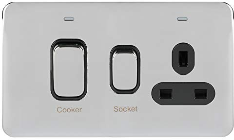 Schneider Electric Lisse Screwless Deco GGBL4001BPC Unité de commande pour cuisinière avec prise de courant simple 13 A, double pôle, indicateur néon, D45A, GGBL4001BPC, chrome poli avec insert noir