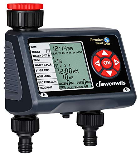 DEWENWILS Temporizador de Riego de 2 Zonas, Programador de Riego para Manguera de Jardín, Temporizador de Riego de Manguera Programable con Modo Automático/retraso por Lluvia/Manual