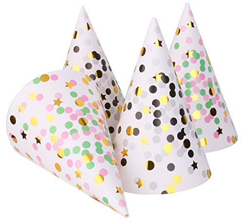Boieo Party Hats Birthday Cone Hat for Adults Kids Gold Polka Dot Paper with Elastic String 12 pcs