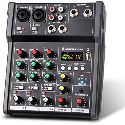 AFYH Mesas de Mezcla de Estudio, Tarjeta de Sonido Bluetooth 4 Canales de Audio Mezclador portátil Mezclador de Audio Ktv Karaoke USB Tarjeta de Sonido pequeña Bluetooth Record
