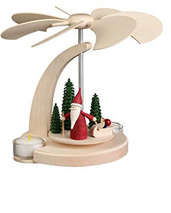 Seiffener Volkskunst | Weihnachtspyramide Teelicht Bogenpyramide | 18 cm Pyramide | Moderne Volkskunst aus dem Erzgebirge | 16264 | Weihnachtswichtel mit Schlitten