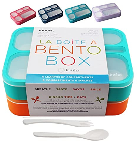 kinsho Bento Box for Kids, Lunch Boxes Snack Containers with 6 Compartments for School, Boy Girl Adults Leakproof BPA Free Teal + Orange 2 pack set