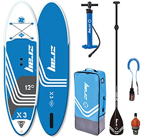 Zray - SUP Stand Up Paddle Gonflable X-Rider Epic 12' - PB-ZX3E - Planche Gonflable Dropstitch - Leash, Pagaie, Pompe, Sac de transport, Kit - Option Siege Kayak - Jusqu’à 162kg - 324l - 365x81x15cm