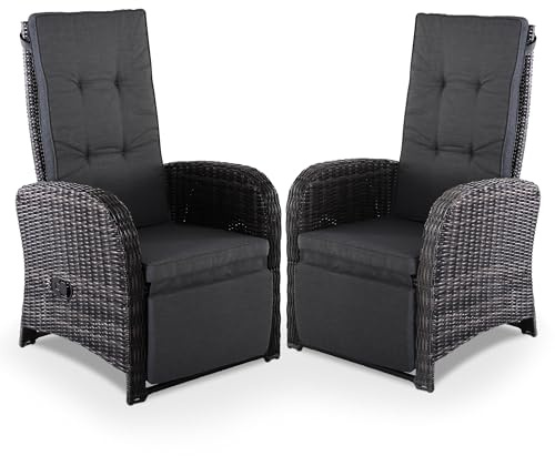 Raburg Garten-Relaxsessel 2er-Set, Fußstütze, inkl. Polster, Gartenstuhl-Set Relaxfunktion, pflegeleichtes & wetterfestes Polyrattan, Bequeme Kissen, 120 kg Belastbarkeit, Braun/Dunkelgrau, Laura