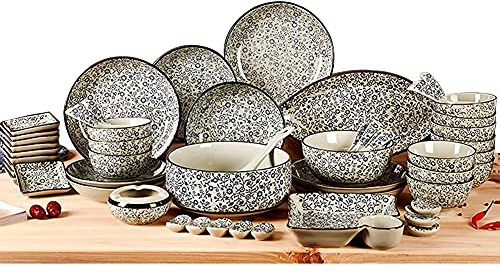 MNSSRN Service de Table, Vaisselle Peinte à la Main, Service de Table 56 pièces, avec Assiette/Assiette à Dessert/Bol/Tasse à céréales, Style Rustique Chic,A
