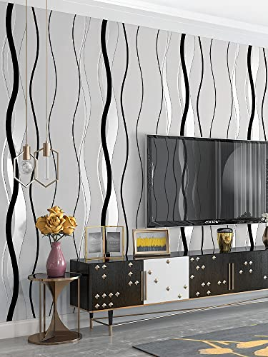 Rouleau de papier peint non tissé texturé moderne pour chambre à coucher, salon, 3 couleurs, motif abstrait moderne, tourbillon brillant, 9,5 x 0,53 m (l x L) = 5,035 m² (blanc crème)