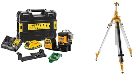 Dewalt Linienlaser (selbstnivellierender 3x360°,10,8V, 2Ah, manueller Modus ab 4° (Blinkmodus) & Aluminium-Stativ/Kurbelstativ
