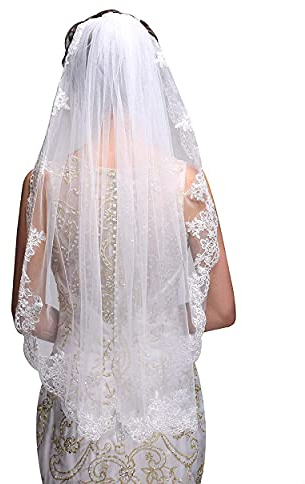 Carufin Brautschleier 1-stöckig Spitze Blume Rand Tüll Ellbogen Fingerspitze Schleier Braut Haarschmuck mit Kamm für Frauen und Mädchen (Elfenbein)