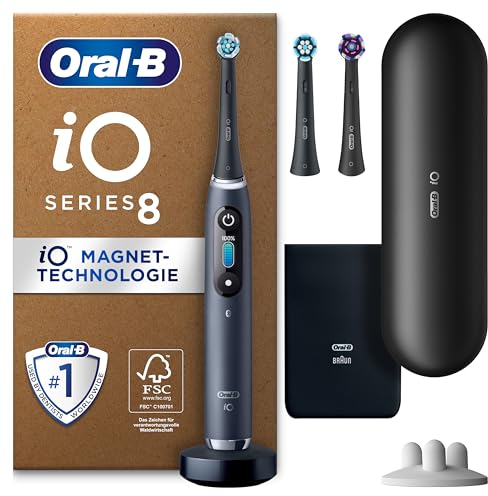 Oral-B iO 8N Cepillo de Dientes Eléctrico con Mango Recargable, 3 Cabezales y Estuche de Viaje, Diseñado por Braun, Regalos Originales para Mujer y Hombre - Negro