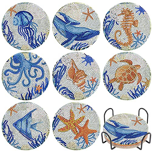Criaturas Acuáticas Santos Posavasos para Bebidas con Soporte, DIY 8 Piezas Pintura Diamantes Design Criaturas Acuáticas Posavasos,Posavasos para Hogar,Oficina y Cocina,Café Bebida Posavasos Vidrio