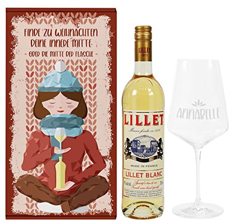 Herz & Heim® Weihnachliches Lillet Geschenkset inkl. Geschenkbox, Weinglas mit Gravur und 1 Flasche Lillet Blanc