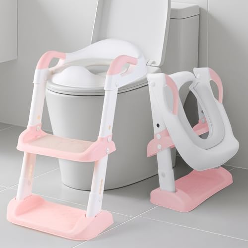 Adjustable Toilet Training Seat for Kids 1-7 Years - Upgrade Anti-Slip Children's Potty Seat with Step Stool & Foldable Design | Fits UK Round Toilets|(Pink)