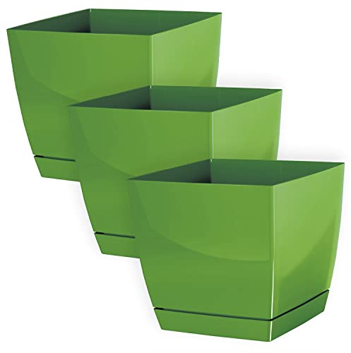 IMJ-Global Set di 3 Vasi per Fiori Piante Quadrati Coubi Square In Plastica 13,5x13,5x12,4cm Da Interno Esterno Verdi Volume 1,5 Litri Design Moderni