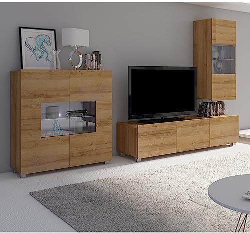 Lomadox Wohnwand Anbauwand Eiche Nb. 3-teilig Modern, mit 1 TV-Lowboard, 1 Hängevitrine mit Beleuchtung, 1 Highboard