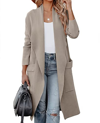 Gothden Dam Casual öppen framsida koftor lång stickad tröja kappa med fickor, Khaki, XL