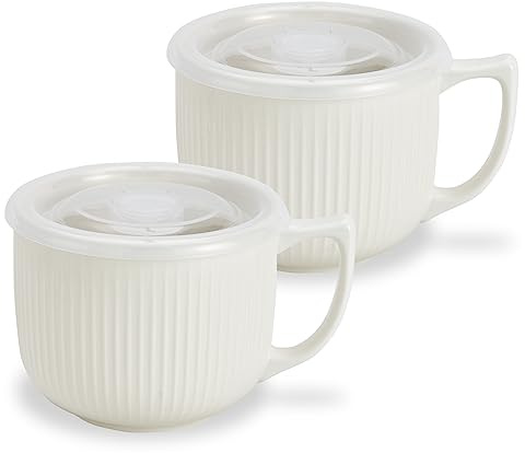 Keramik-Suppenschüssel mit Griff, große 900 ml Mikrowellen-Suppentasse mit Deckel, Suppenbehälter und Tasse für Müsli, Haferflocken, Ramen, Nudeln, Brei, Einweihungsgeschenk, 2er-Set,weiß