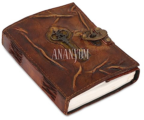 ANANYOM Handmade leather Journal, Antique Key Design, 8 x 6 Inch, Brown, 200 Unruled White Pages, Brass Clasp Lock, Unisex, Embossed Vintage Leather Notebook Diary Sketchbook, Grimoire, Handbook