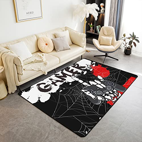 Loussiesd Spiel Modern Teppich,Geme Sport für Home Wohnzimmer Dekor,Super Weich Moderne Spielkonsole Controller Rot Schwarz Spinnennetz Dekorative 150x200cm