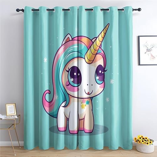 QEODAH Vorhänge Einhorn Kinder Gardinen mit Ösen, Vorhang Blickdicht, Verdunklungsvorhänge, Fensterdekoration, Schlafzimmer Wohnzimmer & Kinderzimmer Deko, Blackout Curtain 2er Set H 166 x B 75 cm