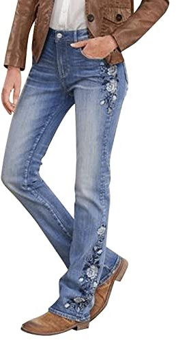 Rifuli Jean évasé avec broderie florale pour adolescentes, femmes et adolescentes, bleu, L