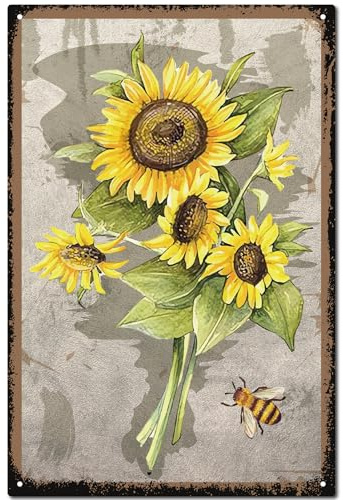 CREATCABIN Sunflower Vintage Metal Tin Sign with Bee - Retro Wall Decor Plaque Iron Art Mural for Garden Home Kitchen Farmhouse Room Cafe Decorative Gift - 12 x 8 Inch